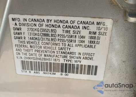 2011 Acura Mdx Technology Package from USA, damaged, VIN 2HNYD2H62BH511875